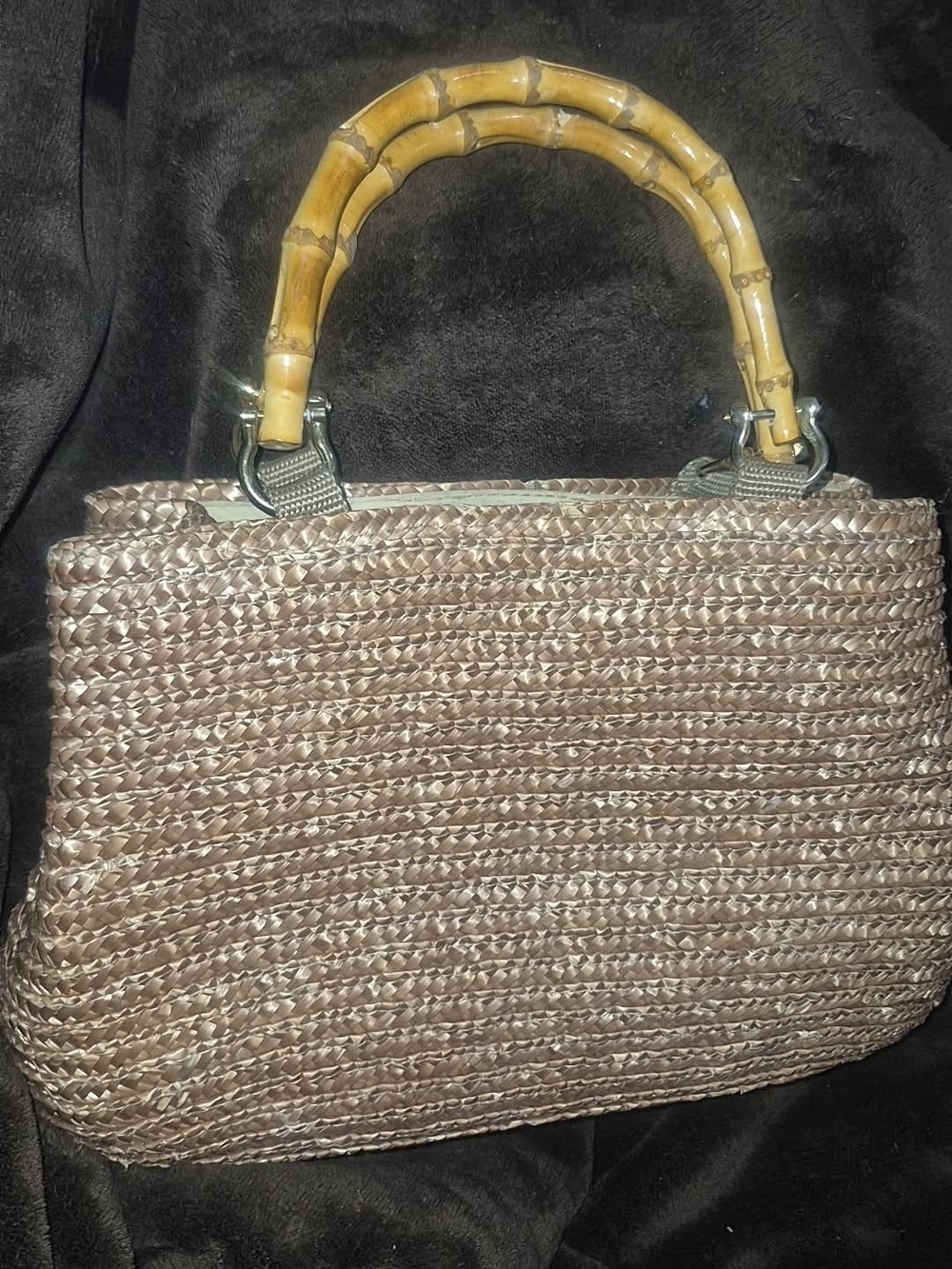 Woven Straw Tote Bag with Bamboo Handles - Natural Brown